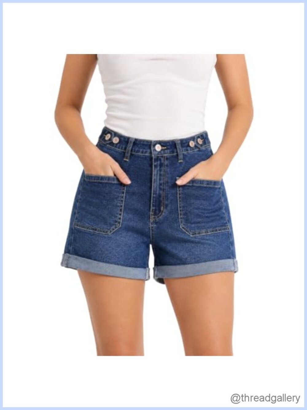 Women's High Waisted Stretch Denim Shorts Rolled Cuff Button Waist